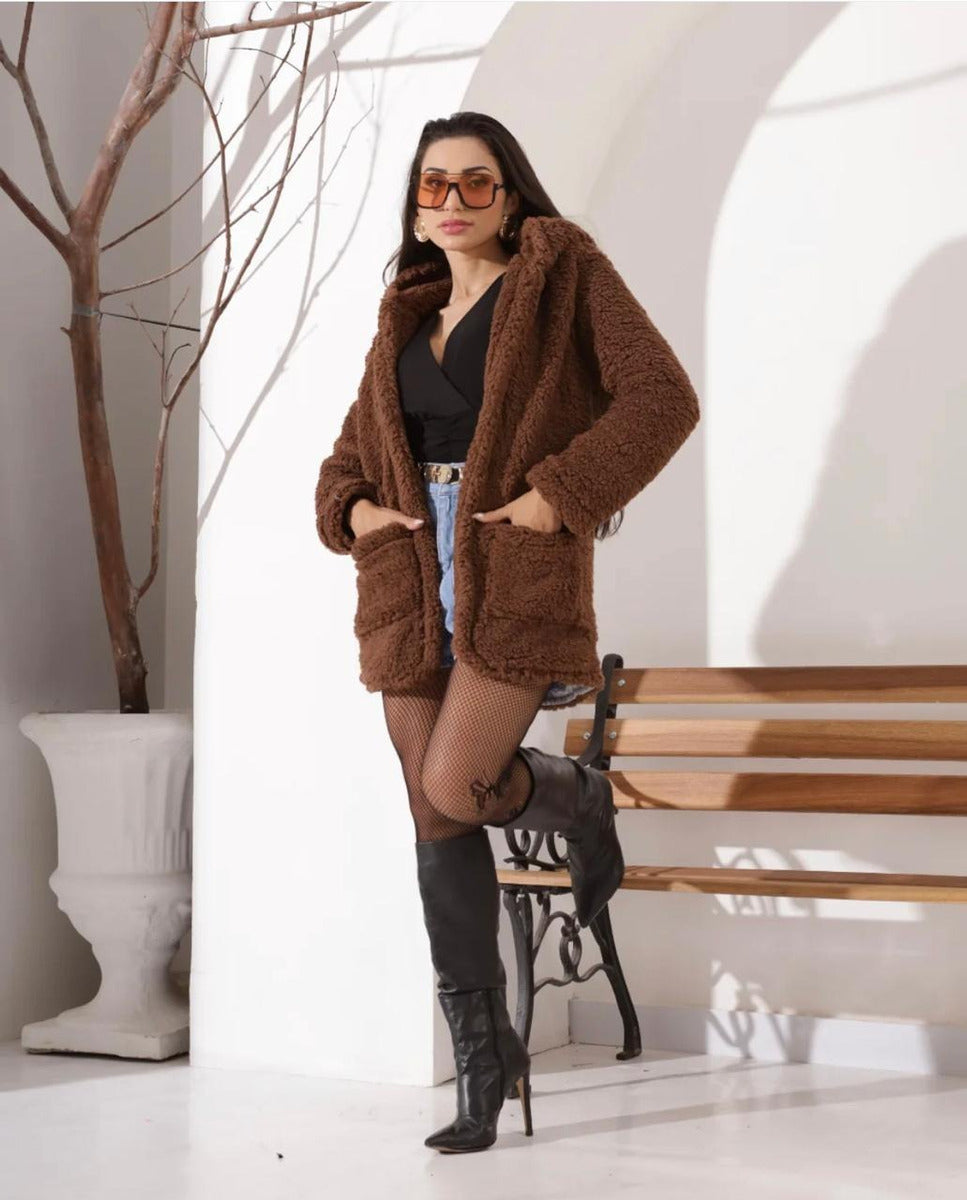 Blazer Casaco Teddy Com Pelos Moda Outono Inverno Blogueira