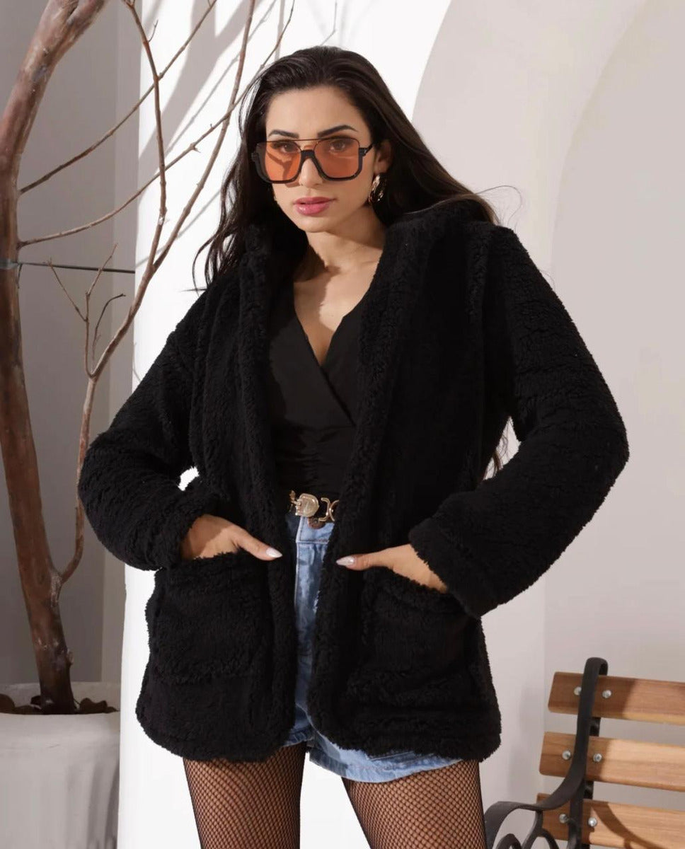 Blazer Casaco Teddy Com Pelos Moda Outono Inverno Blogueira