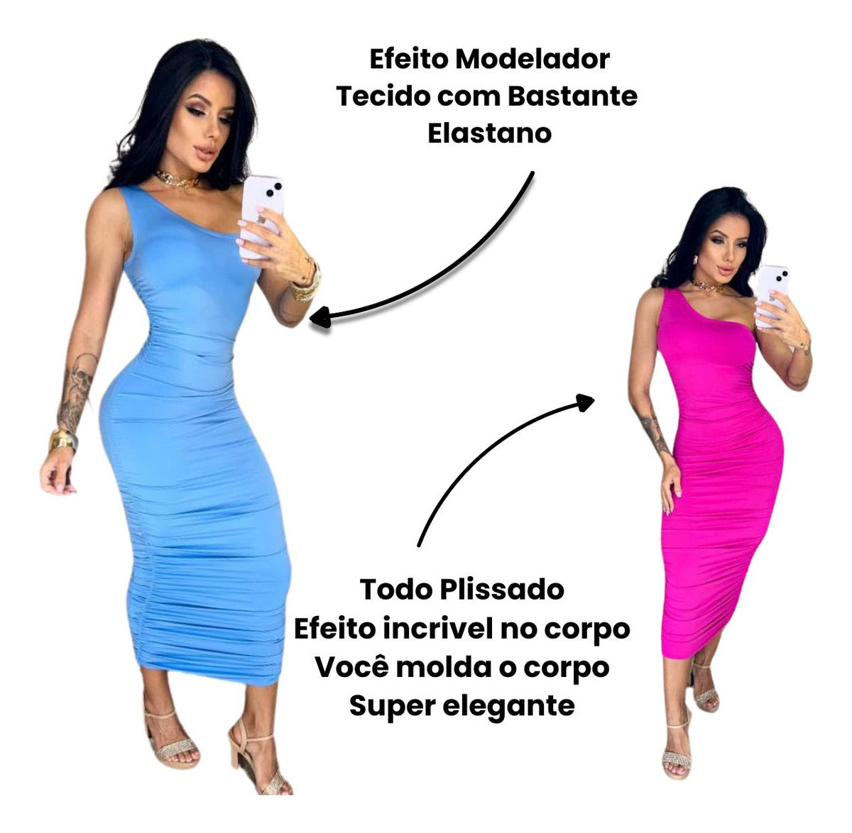 Vestido Um Ombro Midi Plissado Tecido Poliamida Moda Festa Elegante Luxo